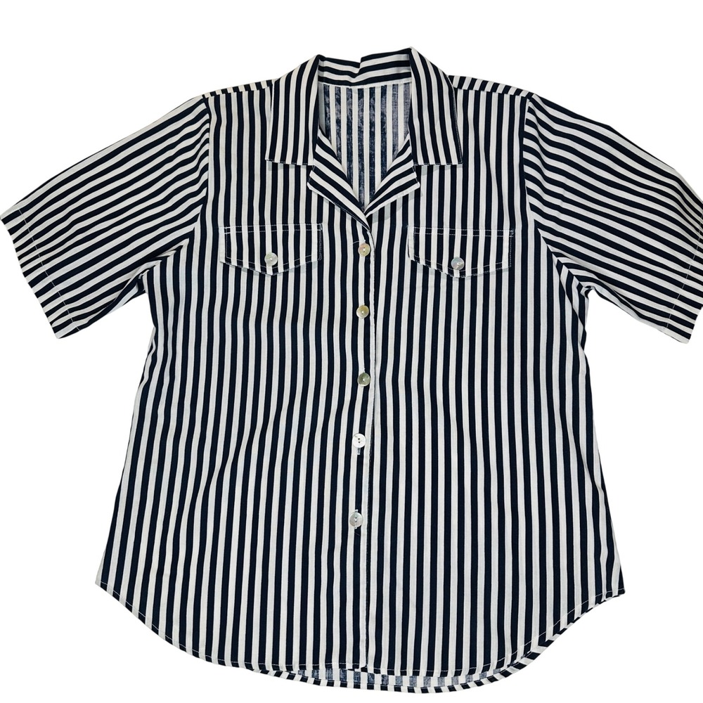 Vintage Black White Striped Short Sleeve Button Up Camp Collar Shirt Top